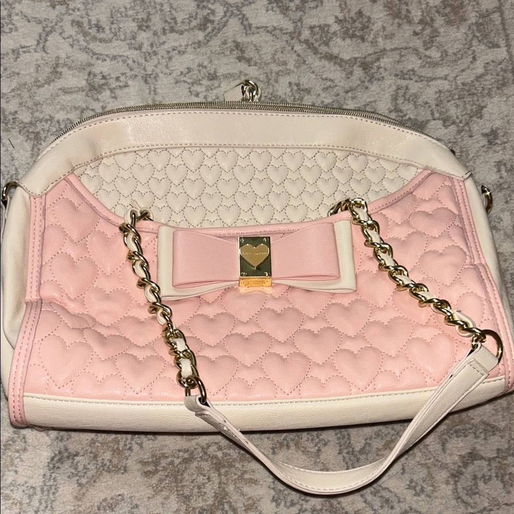 Pink and Cream Heart Quilted Betsey Johnson handbag